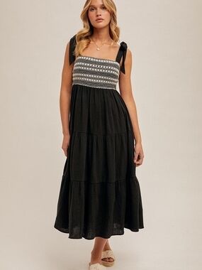 Crochet Busr  Black Tiered Shoulder Tie Midi Dress with Embroidered Bodice